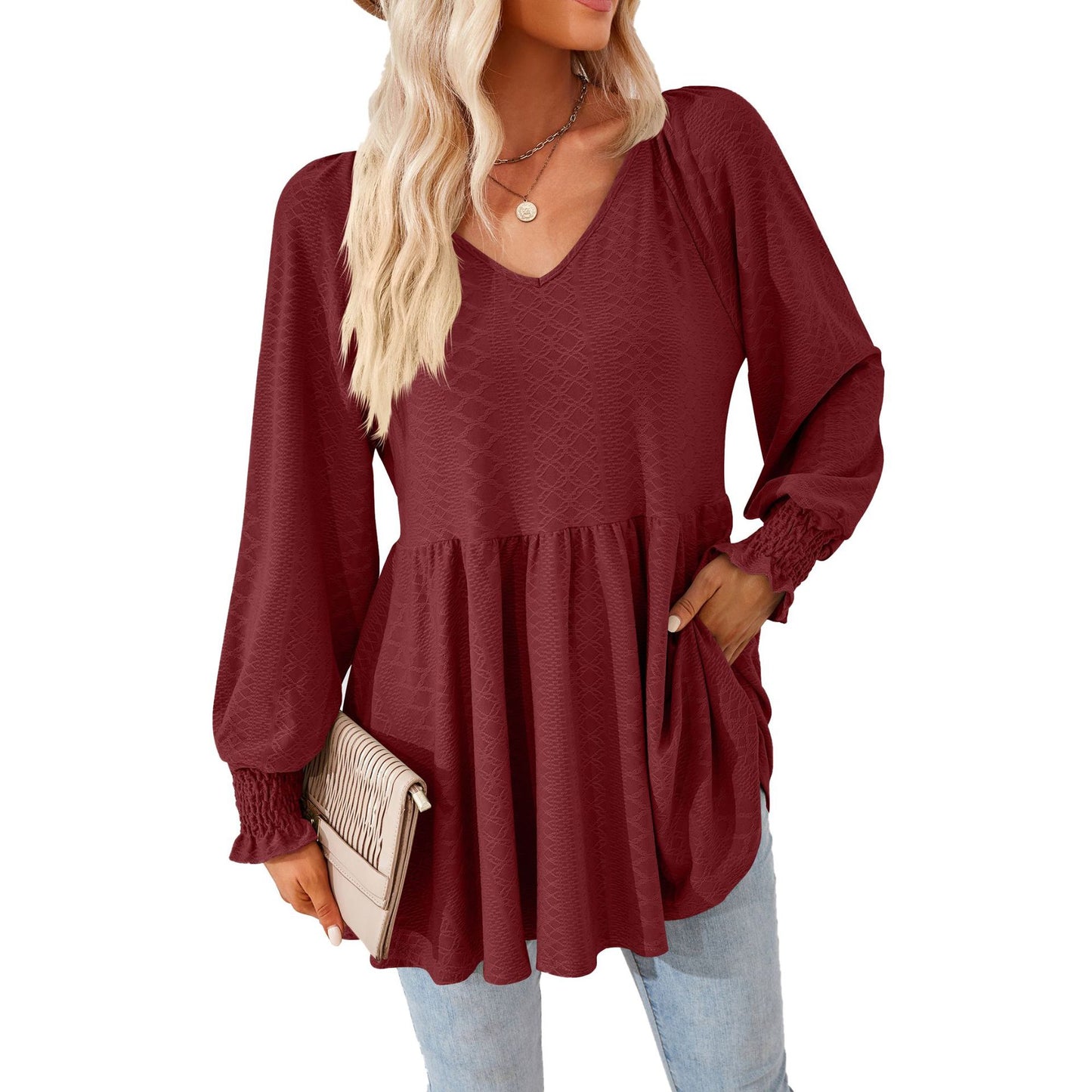 Women's V Neck Long Sleeve Textured Babydoll Tunic Top
