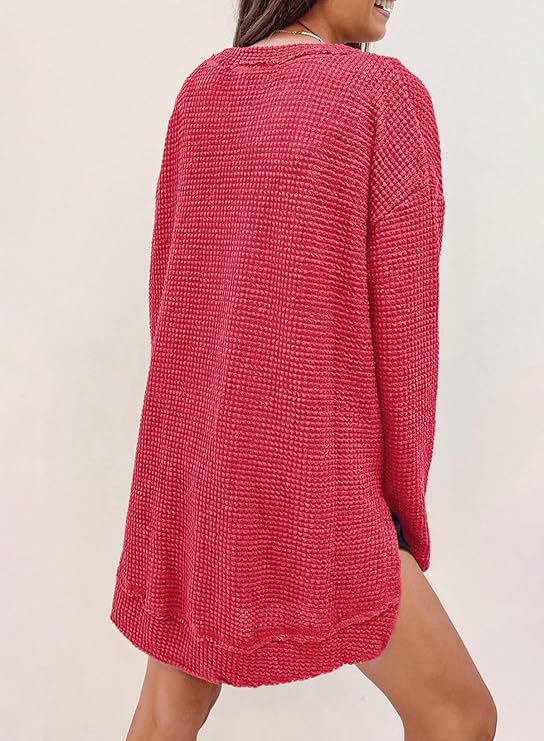 Oversized Waffle Knit Crew Neck Side Slit Long Sleeve Tunic