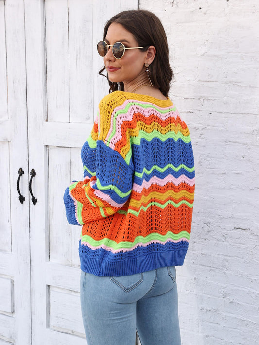 Women's Rainbow Pattern Intercolor Splicing Striped Long Sleeve Sweater