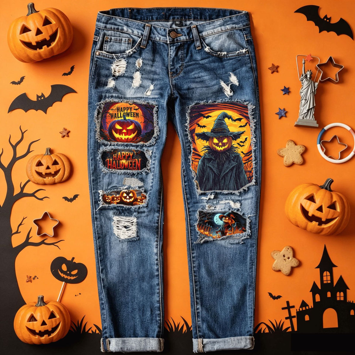 Women's Halloween Pumpkin Patch Distressed Jeans