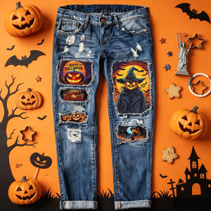 Women's Halloween Pumpkin Patch Distressed Jeans