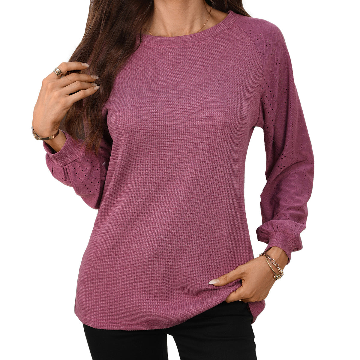 Women's Waffle Knit Raglan Eyelet Long Sleeve Top