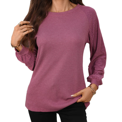 Women's Waffle Knit Raglan Eyelet Long Sleeve Top