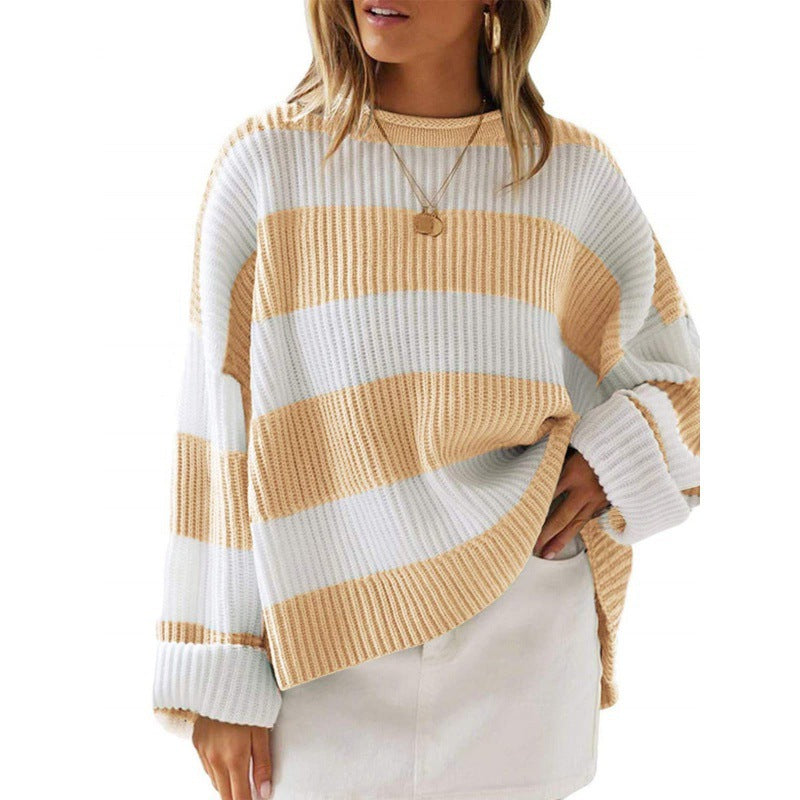 Women's Oversized Striped Crewneck Knit Sweater Pullover