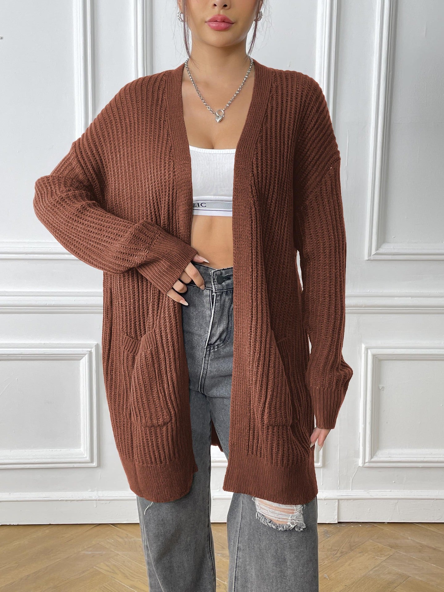 Autumn and Winter Women's Long-sleeved Double-pocket Casual Cardigan Jacket
