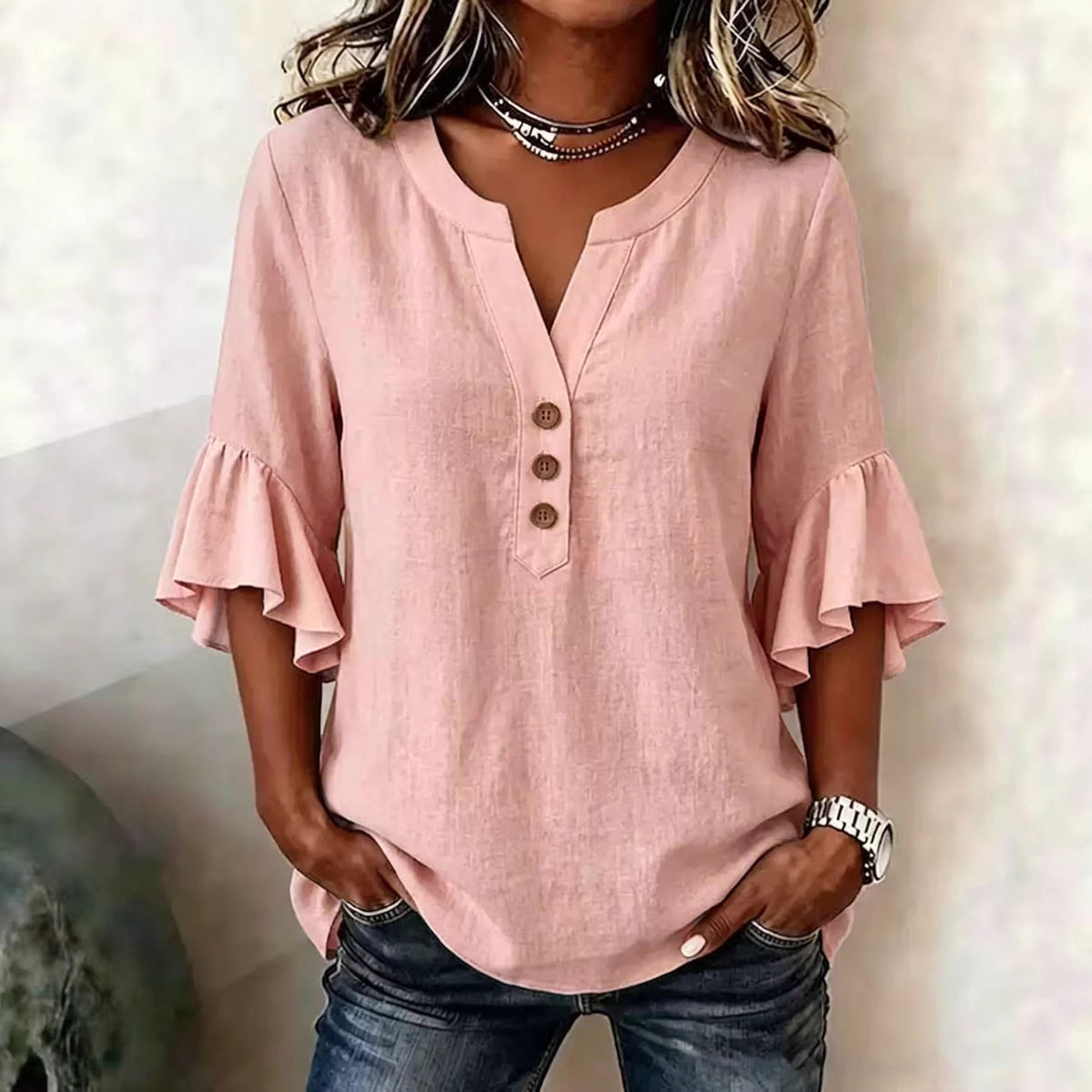 Cotton Linen Blouse V Neck Ruffle Sleeve Women's Top