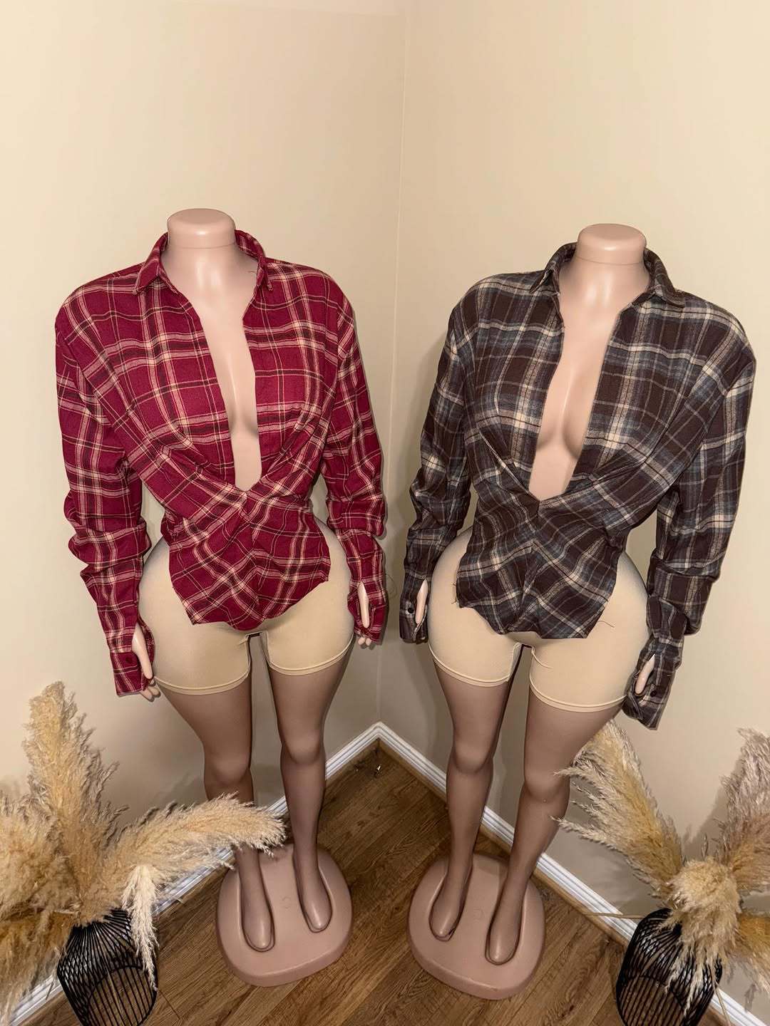 Women's Plaid Cinched Waist Long Sleeve Button-Up Shirt