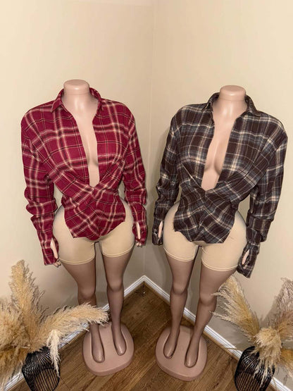 Women's Plaid Cinched Waist Long Sleeve Button-Up Shirt
