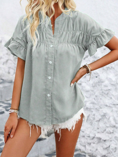 Cotton Linen Pleated Button Down Mandarin Collar Top