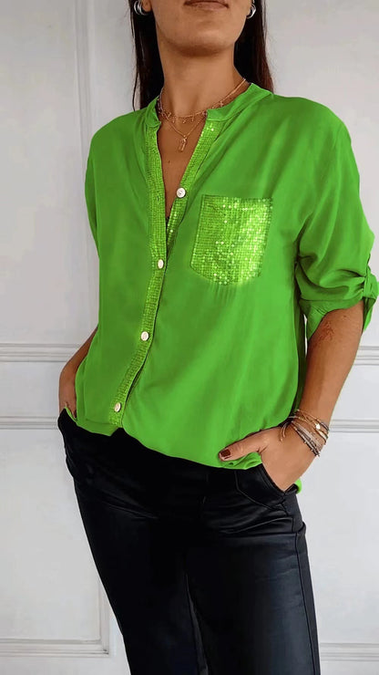 Women's Rhinestone 3/4 Sleeve Casual Button Down Blouse