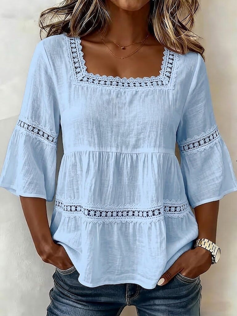Women's Square Neck Lace Trim 3/4 Sleeve Linen Blend Top