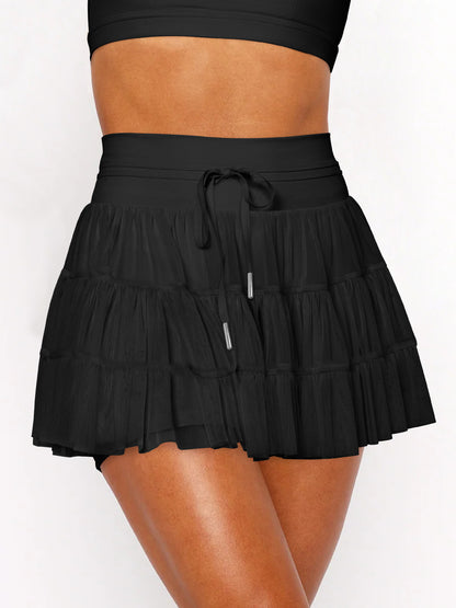 Solid Pleated Skort High Waist Ruffle Tiered Mini