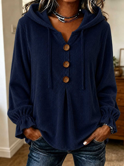 Waffle Knit Hooded Henley V Neck Long Sleeve Top