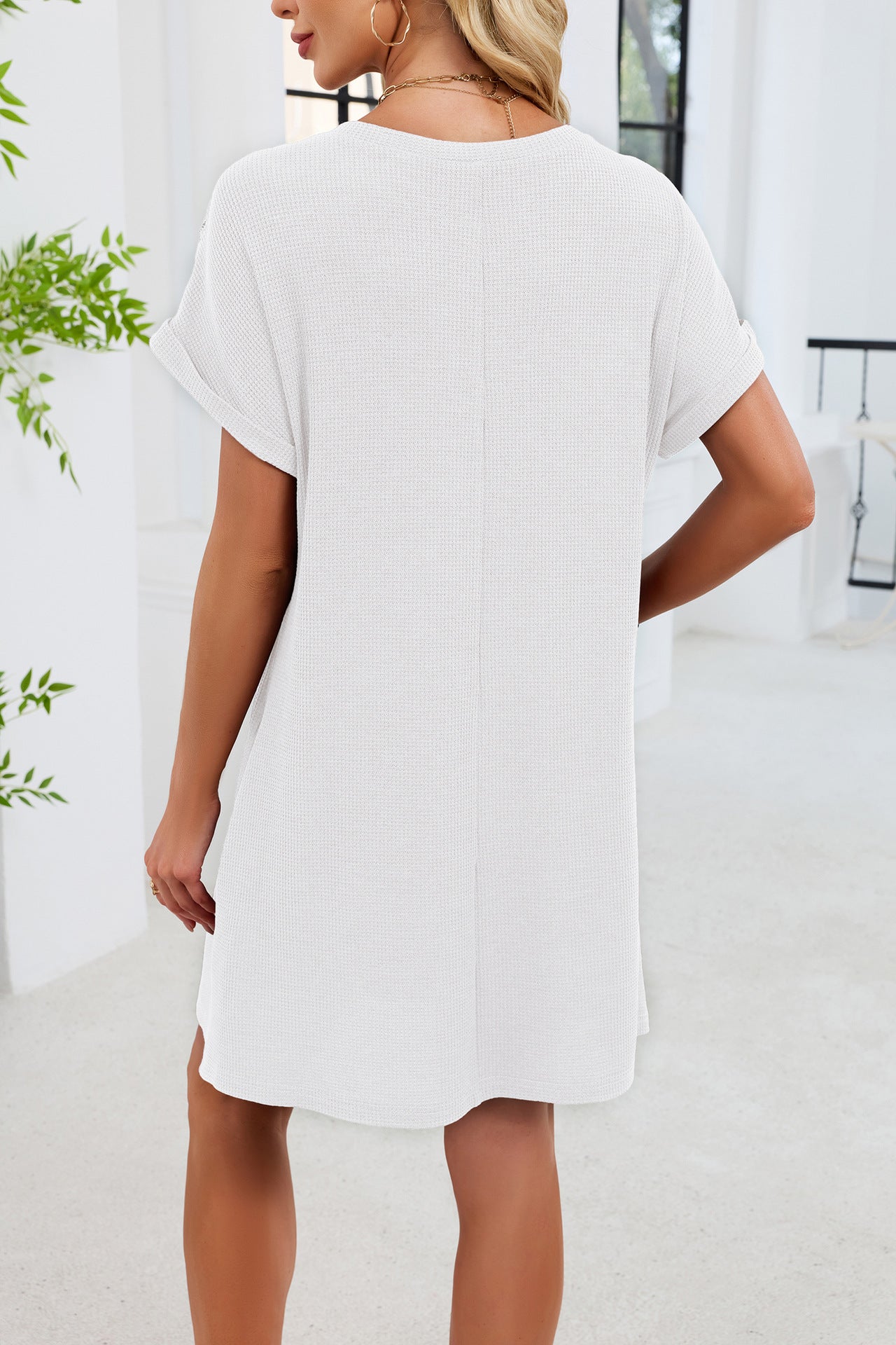 Blue Gray Yoke Loose T Shirt Dress Crew Neck