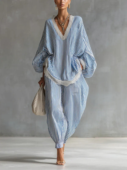 Blue Striped Lace Trim Puff Sleeve Matching Set