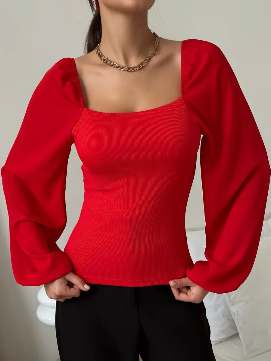 Square Neck Puff Sleeve Ribbed Backless Fitted Top