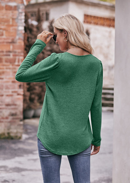 Square Neck Pleated Long Sleeve Top for Women