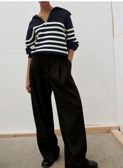 Women's Striped Half Zip Oversized Collared Sweater