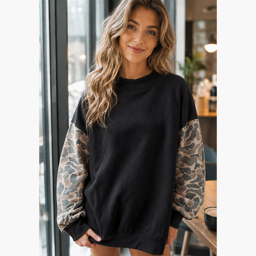 Oversized Camo Sleeve Fleece Mock Neck Sweatshirt