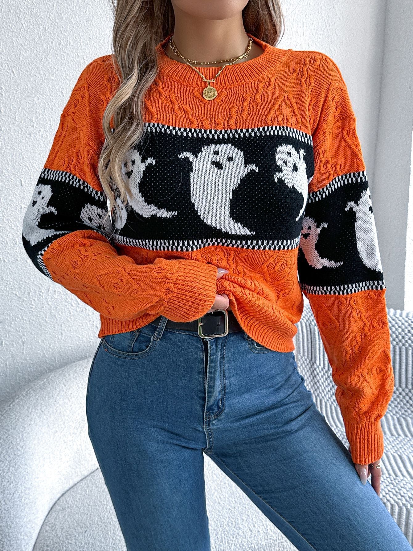 Ghost Print Colorblock Sweater - Halloween Fall Pullover