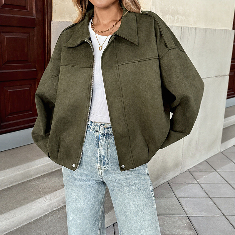 Women's Faux Suede Zip Jacket Oversized Vintage Batwing