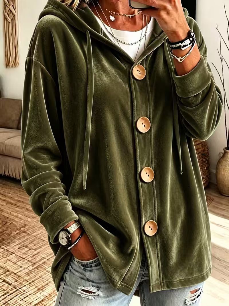 Women's Oversized Velvet Hoodie Cardigan Button Front