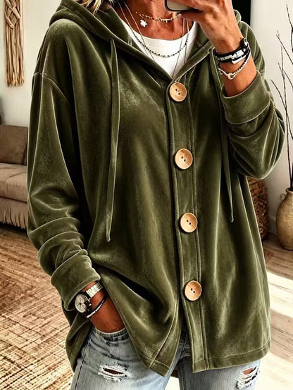 Women's Oversized Velvet Hoodie Cardigan Button Front