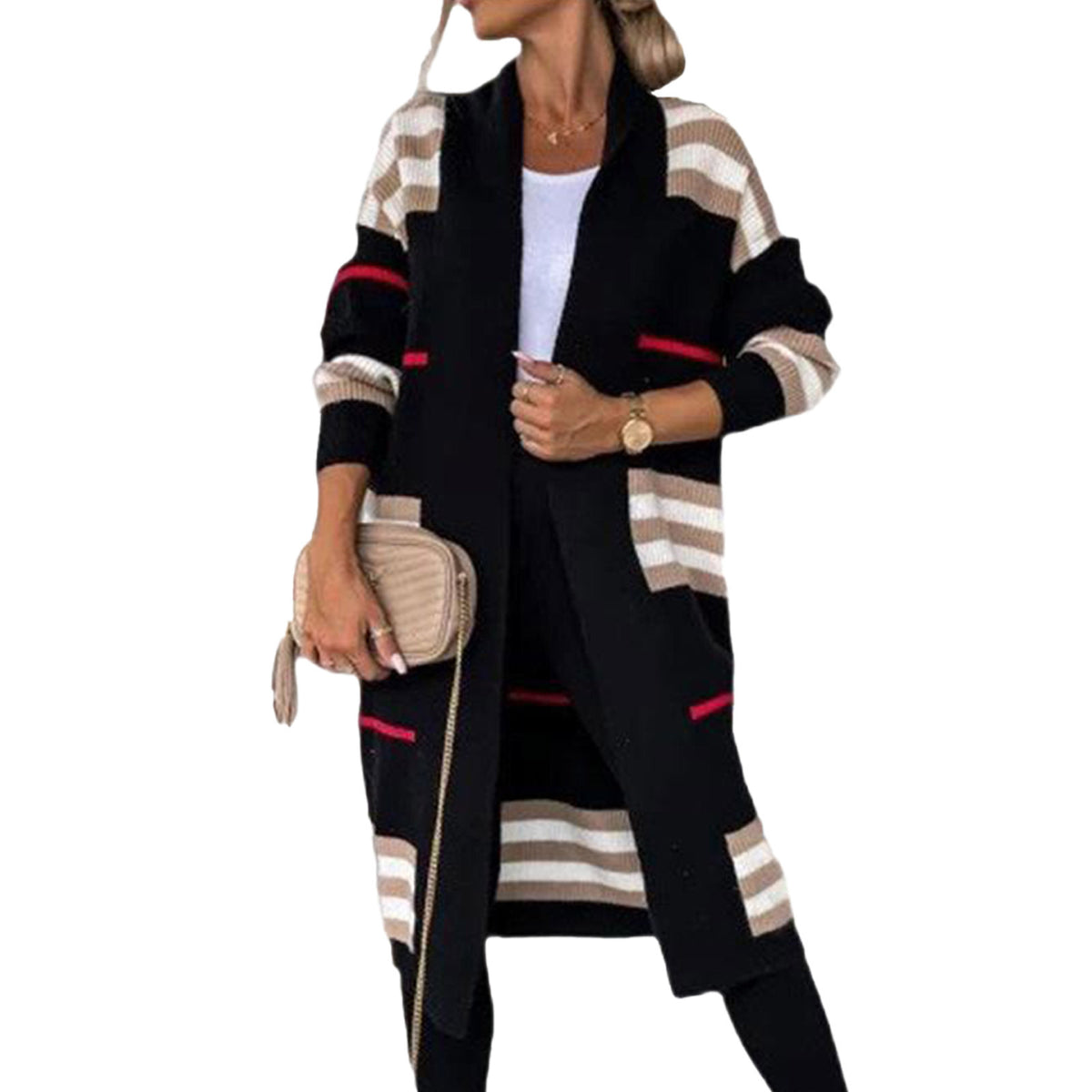Women's Oversized Striped Long Open Front Cardigan