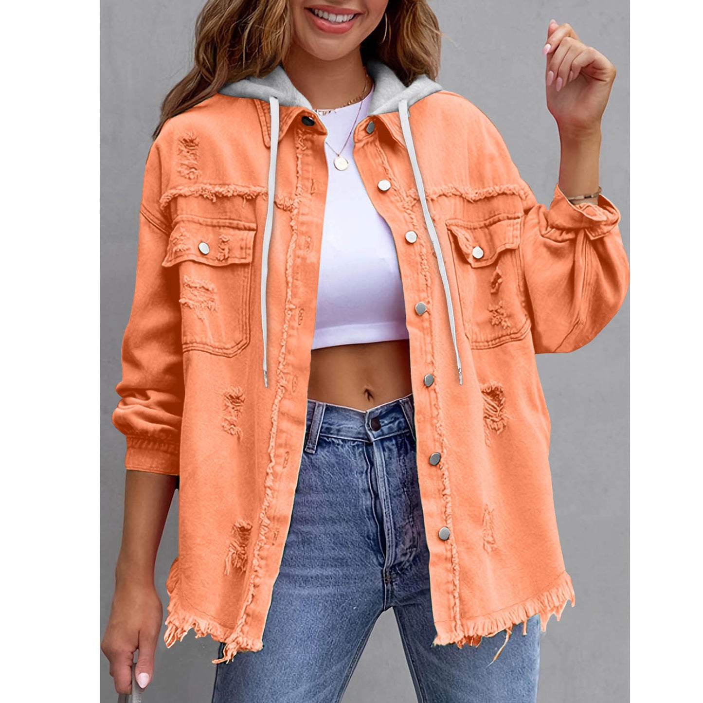 Distressed hooded denim jacket oversized fit
