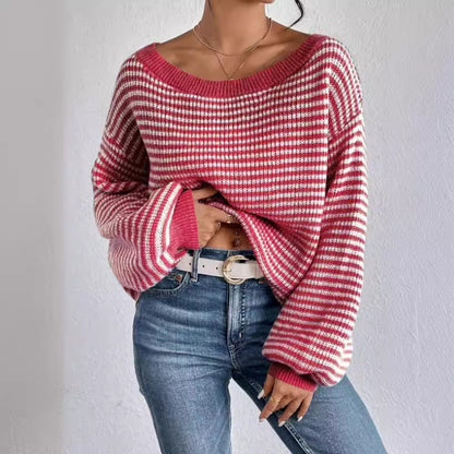 Women's Off Shoulder Striped Balloon Sleeve Sweater