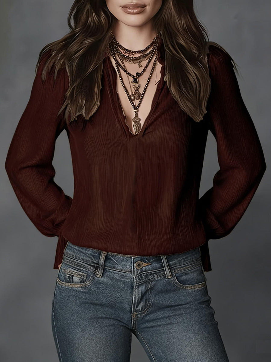 Women's V-Neck Collared Puff Sleeve Blouse Top