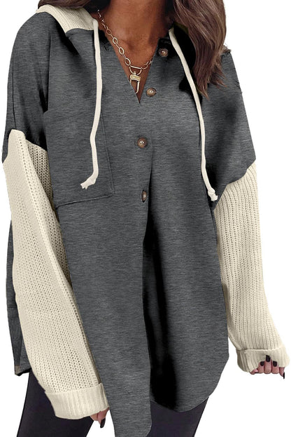 2025 Fall/Winter Colorblock Knit Sleeve Hoodie – Casual Button Down Top