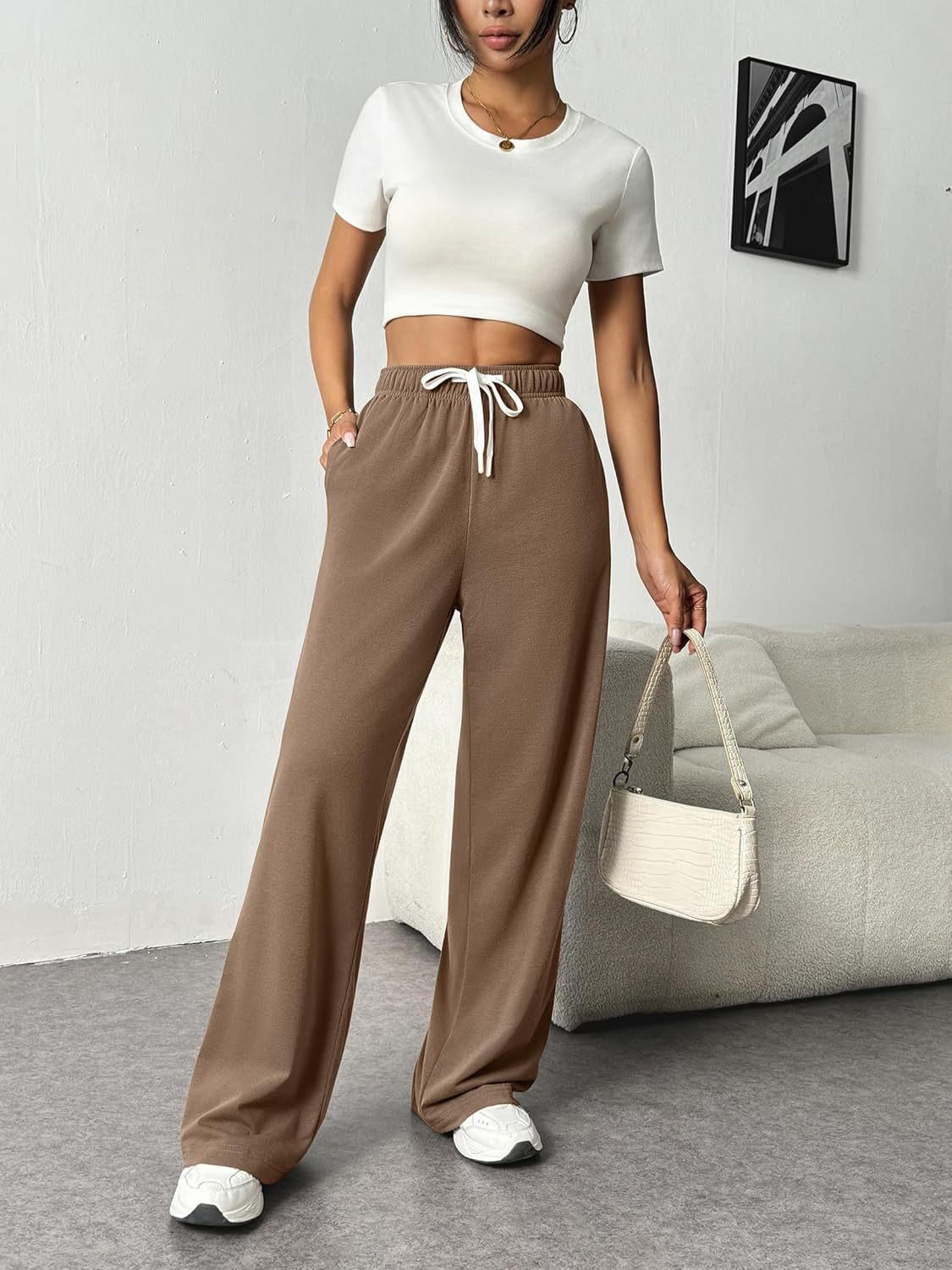 High Waist Wide Leg Pants Drawstring Casual Lounge Pants
