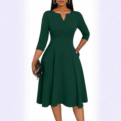 Women's 3/4 Sleeve V-Neck A-Line Midi Dress Wedding Guest