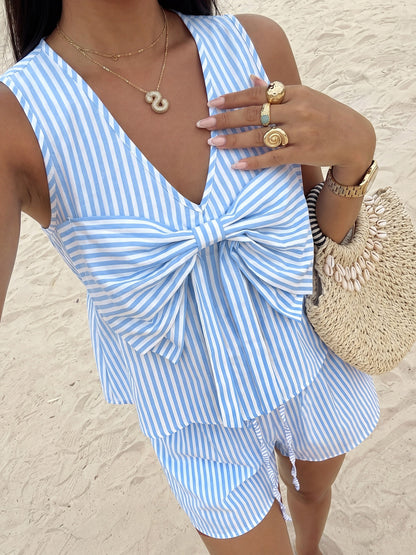 Striped Bow Detail Two Piece Shorts Set Resort Style