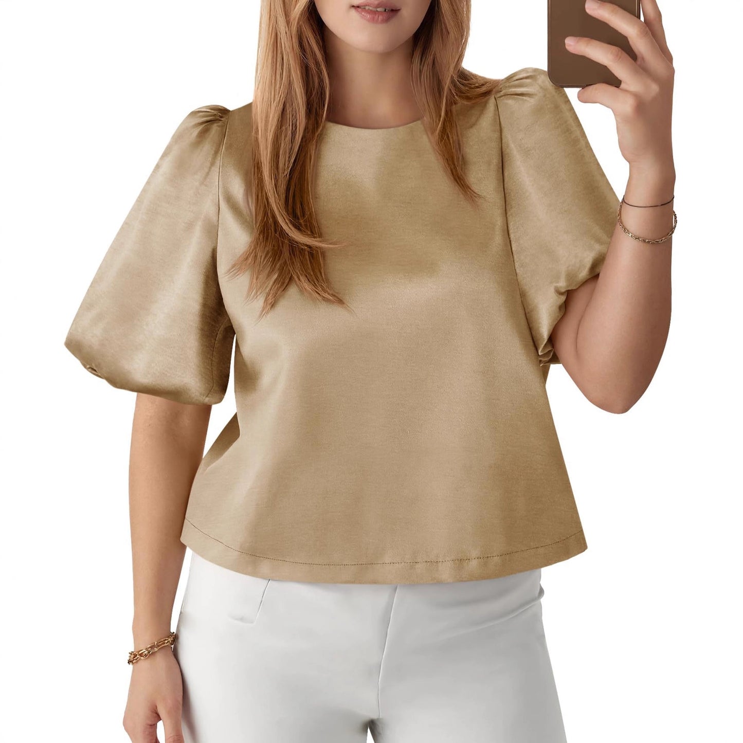Satin Puff Sleeve Blouse Elegant Dressy Casual Top