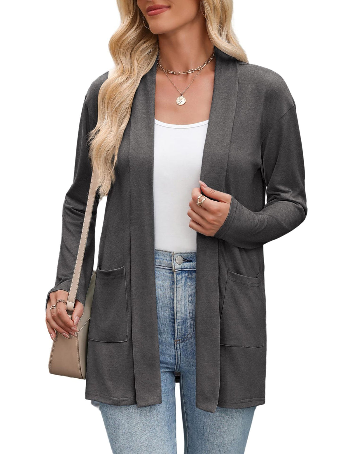 Women's Open Front Lightweight Cardigan Long Sleeve Pockets