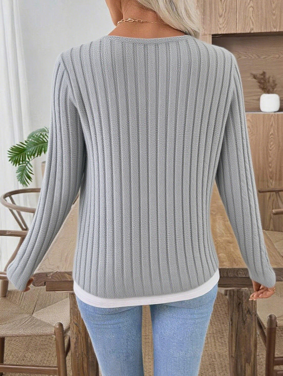 Ribbed Faux Layered Henley Long Sleeve Casual Top