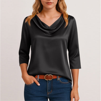 Women's Satin Cowl Neck Blouse 3/4 Sleeve Top