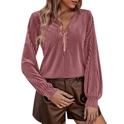 Women's Ribbed Velvet Half Zip V Neck Long Sleeve Top