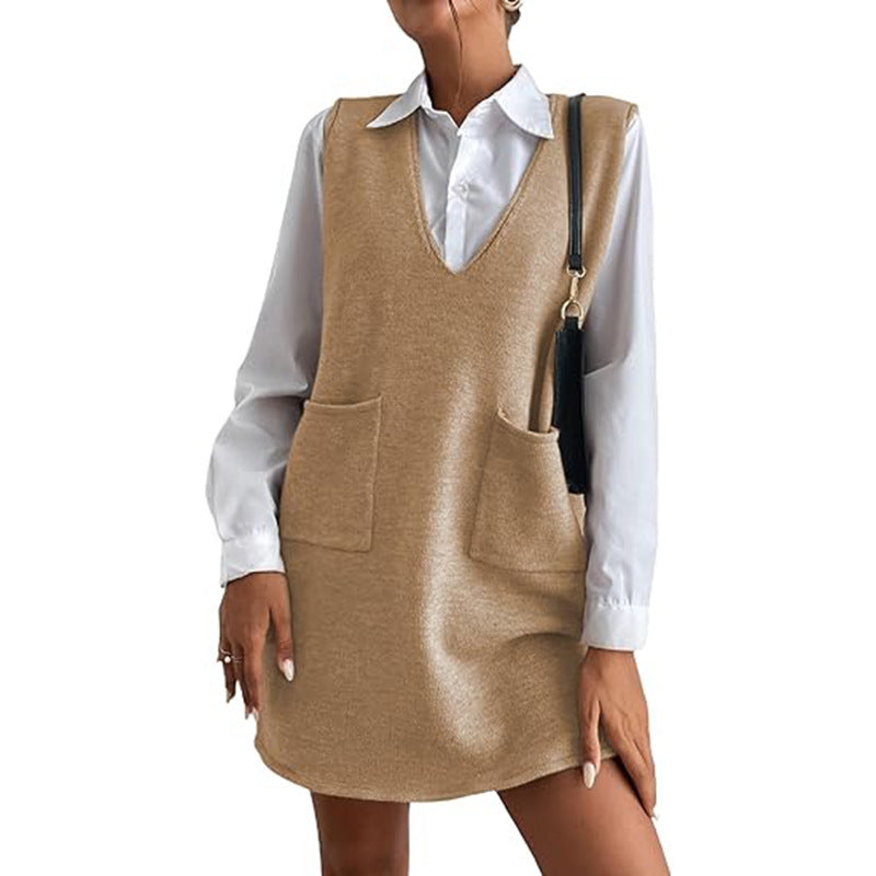 Women's Sleeveless Knit V-Neck Sweater Vest Dress