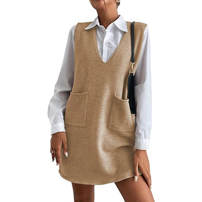 Women's Sleeveless Knit V-Neck Sweater Vest Dress