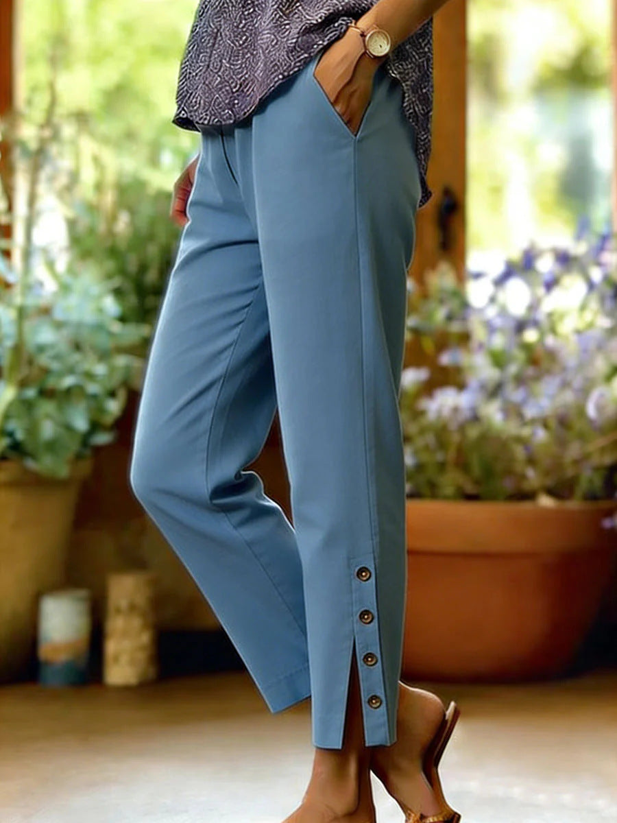 Women's Side Button Straight Leg Ankle Pants