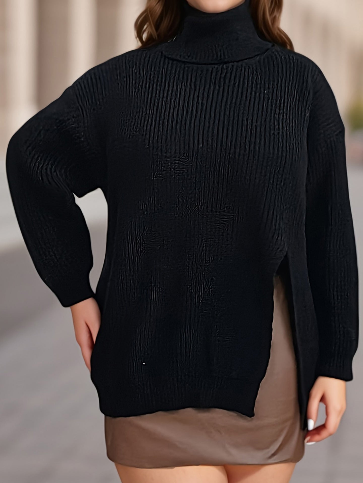 Turtleneck Loose Pullover Sweater Split Fork