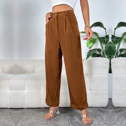 Corduroy High Waist Pants Wide Leg Pocket Trousers