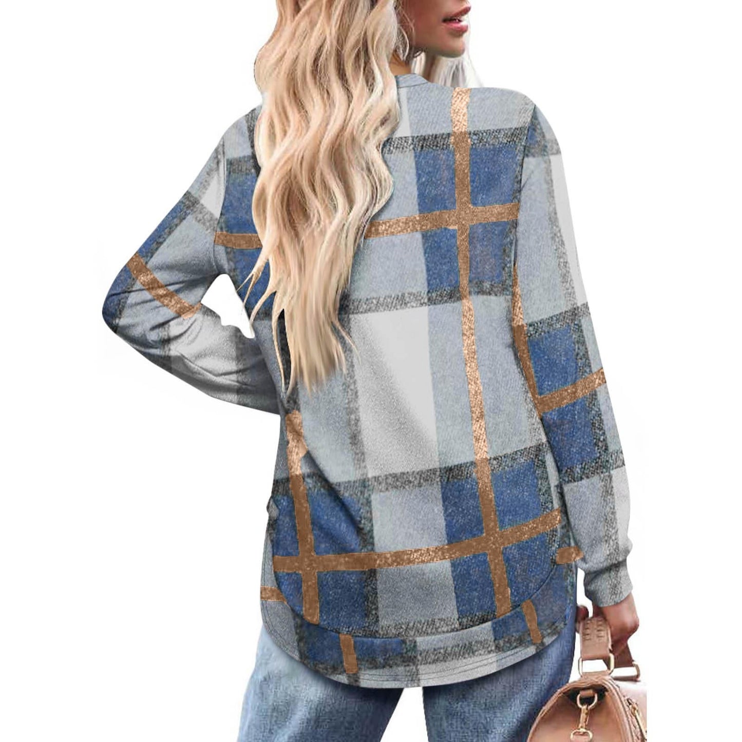 Women's Oversized Plaid Long Sleeve Tunic Top Curved Hem