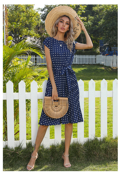 Polka Dot Midi Dress Pleated Tie Waist Short Sleeve