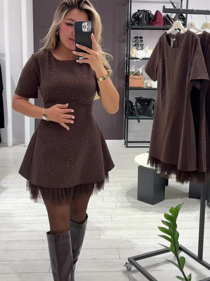 Rhinestone Lace Trim Short Sleeve A-Line Mini Dress
