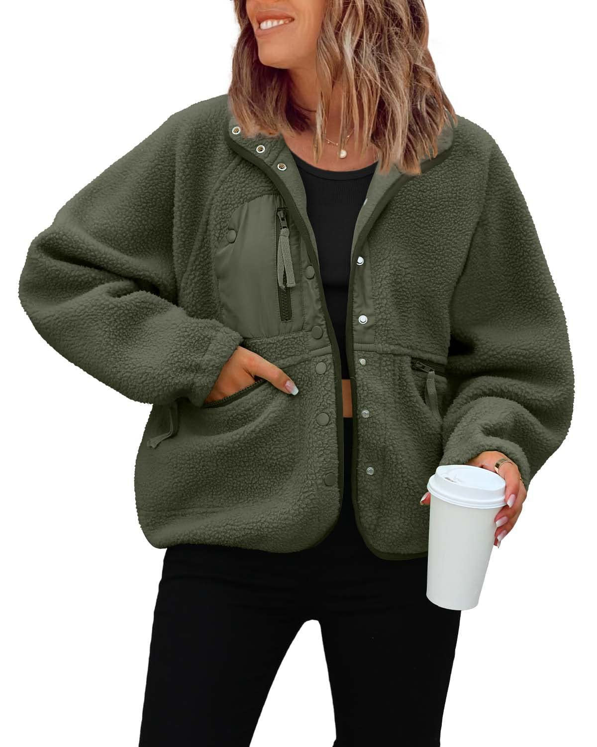 Women's Oversized Sherpa Fleece Jacket Button Front Casual