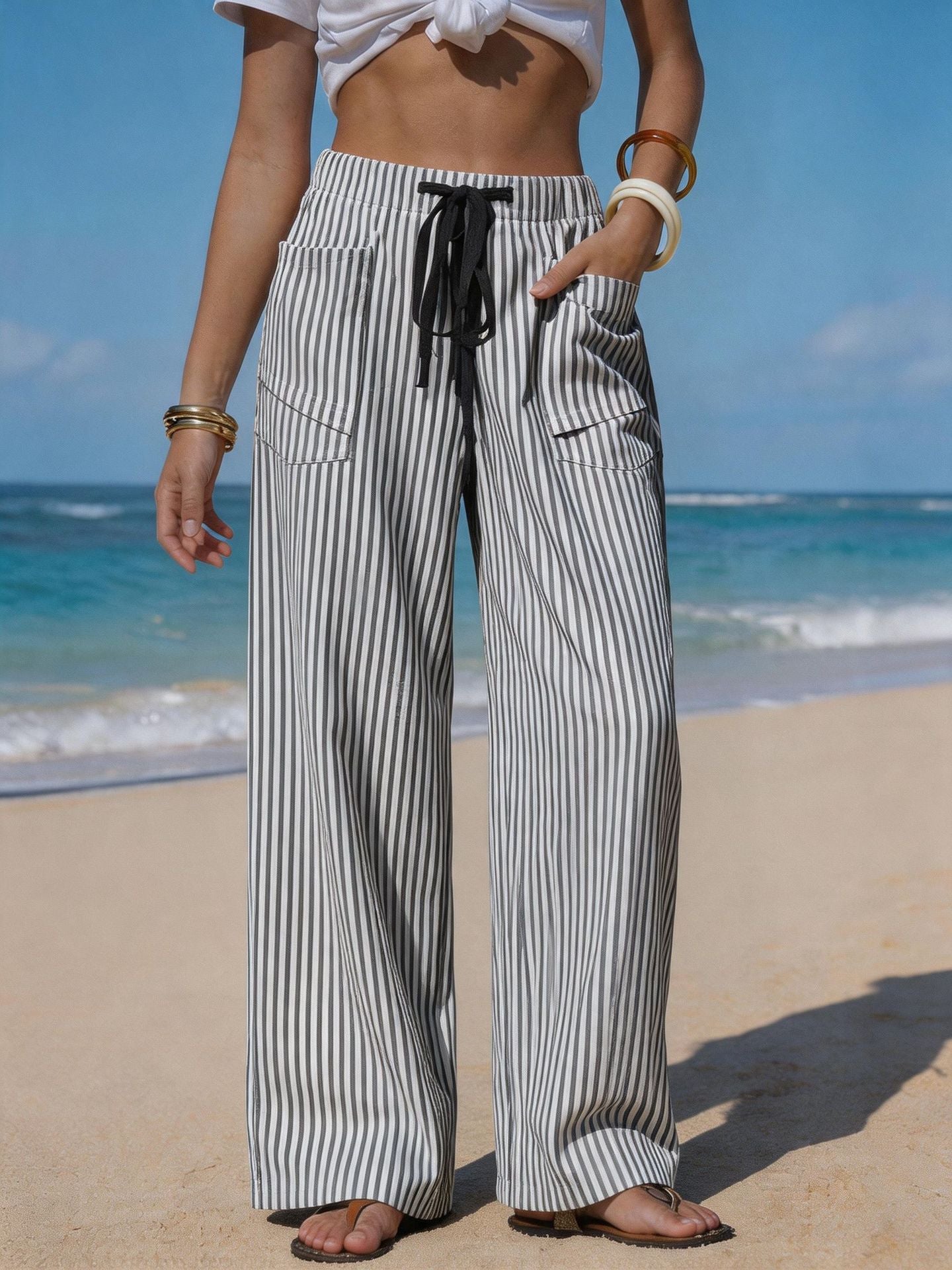 Women's Striped Linen Wide Leg Pants Drawstring Beach